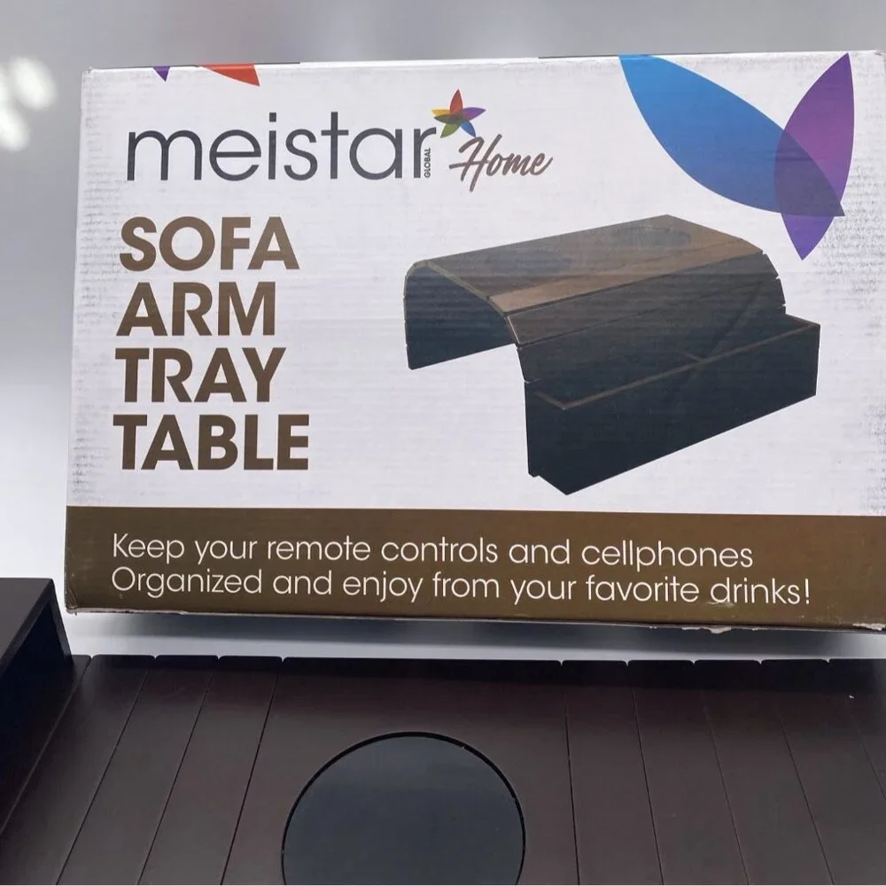 Meistar Sofa Couch Arm Tray Table With Cup Holder & Storage Pockets‎ Dark Brown